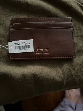 J. Crew Brown Leather Card Holder with Gold Logo